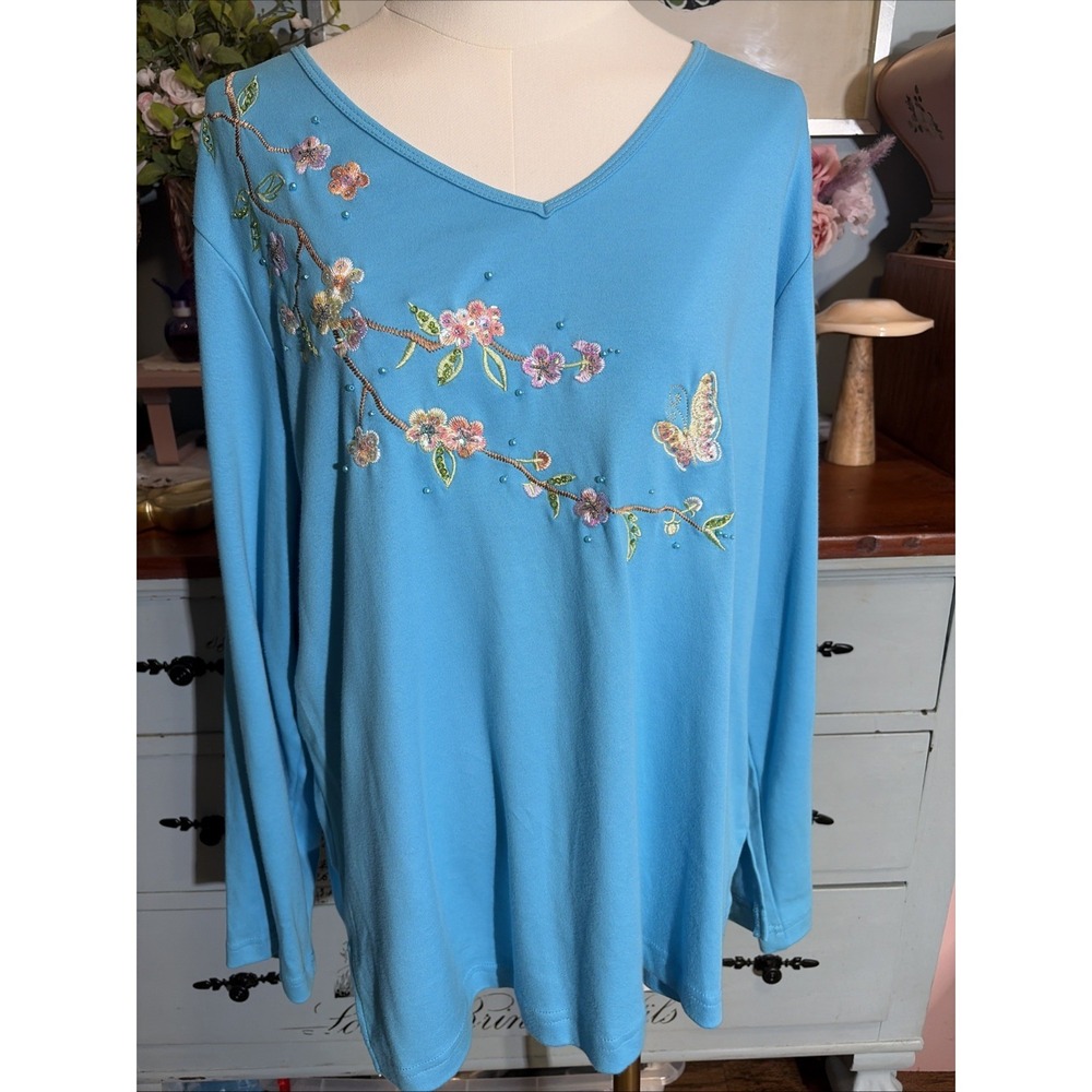 Womens Quacker Factory Embroidered Cherry Blossoms Blue Top Long Sleeve Top 1X